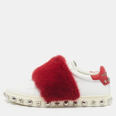 Pre-owned Philipp Plein Size 38 White/red Fur And Leather Low Top Sneakers