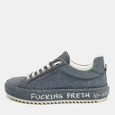 Pre-owned Philipp Plein Size 39 Blue Glitter Logo Low Top Sneakers