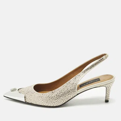 Pre-owned Philipp Plein Size 39 Gold Satin Crystal Embellished Cap Toe Slingback Pumps