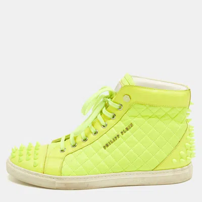 Pre-owned Philipp Plein Size 39 Neon Green Leather Spike Embellished High Top Sneakers