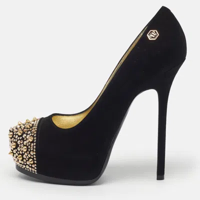 Pre-owned Philipp Plein Size 40 Black Suede Spike Studded Platform Pumps
