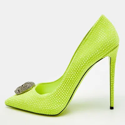 Pre-owned Philipp Plein Size 40 Neon Yellow Crystals And Suede Pumps