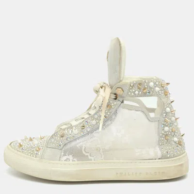 Pre-owned Philipp Plein Size 42 Grey Lace And Suede High Top Sneakers In Gray