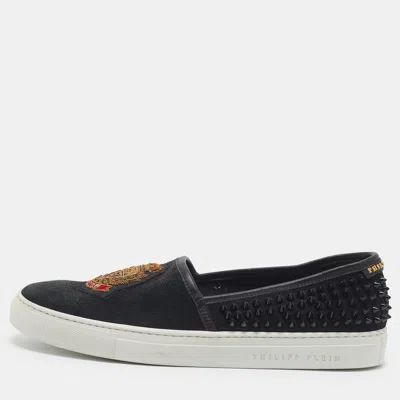 Pre-owned Philipp Plein Size 45 Black Leather And Suede Spike Logo Embroidered Slip On Sneakers