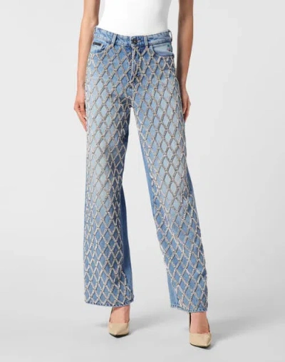 Philipp Plein Skater Fit Jeans Crystal Net Women In Blue