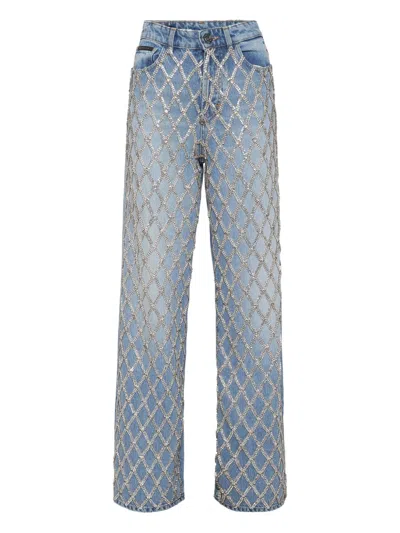 Philipp Plein Skater Fit Jeans Crystal Net In Blue