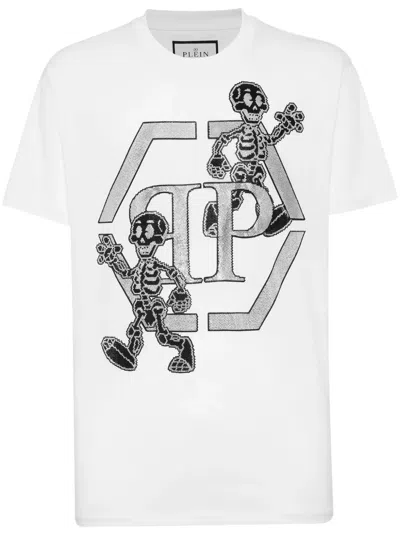 Philipp Plein Skeleton Embellished Cotton T-shirt In White