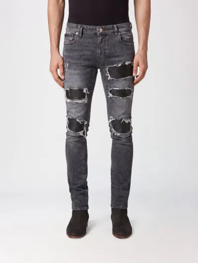 Philipp Plein Skinny-fit Distressed Effect Cotton Denim Jeans In Gray