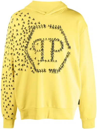 Philipp Plein Skull And Bones Cotton Hoodie In Yellow