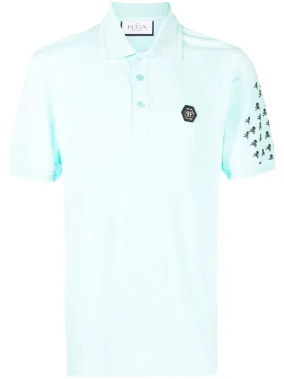 Philipp Plein Skull And Bones Cotton Polo Shirt In Blue