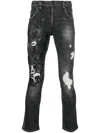 Philipp Plein Skull & Bones Logo-embroidered Ripped Jeans In Grey