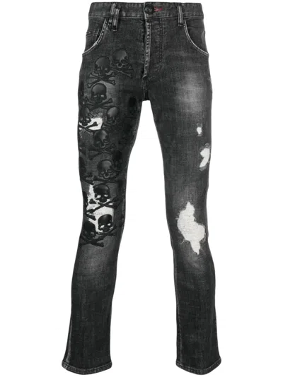 Philipp Plein Skull & Bones Logo-embroidered Ripped Jeans In Grey