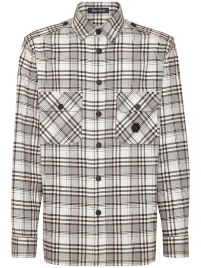 Philipp Plein Skull&bones-print Checked Shirt In Beige