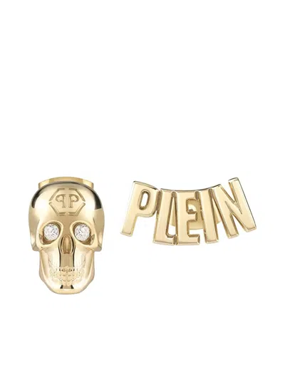 Philipp Plein Skull And Logo Stud Earrings In Ip Yellow Gold