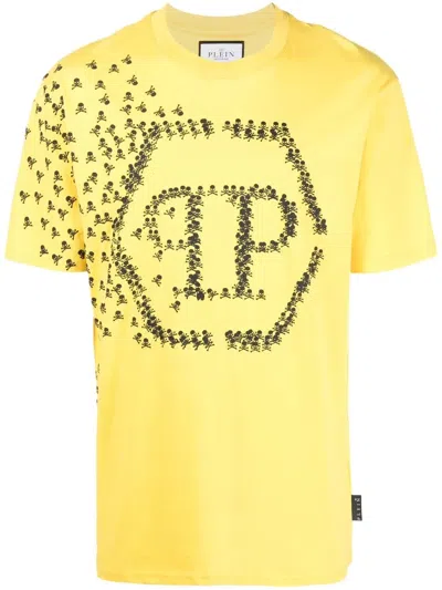 Philipp Plein Cotton T-shirt With Contrasting Hexagon Logo Print On The Chest In Yellow