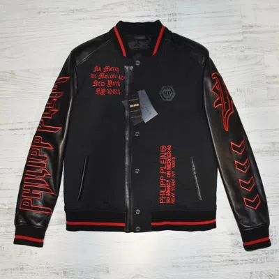 Pre-owned Philipp Plein Skull Crystal Printed Men's Genuine Leather Sleeves Bomber Jacket In Black & Red