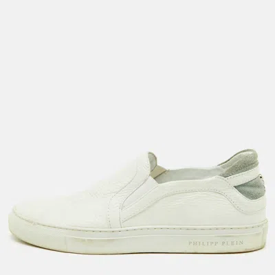 Pre-owned Philipp Plein Skull Embossed Size 39 White Leather Slip On Sneakers
