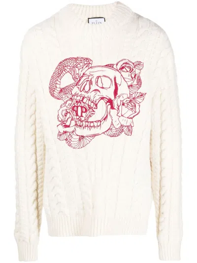 Philipp Plein Skull-embroidered Cable-knit Sweatshirt In White