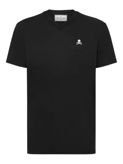 Philipp Plein Skull-embroidery V-neck T-shirt In Black