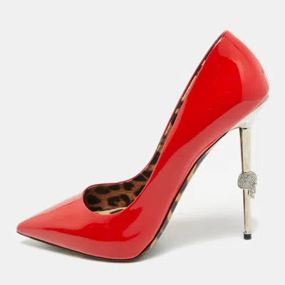Pre-owned Philipp Plein Skull Heel Size 39 Red Patent Leather Pointed Toe Pumps