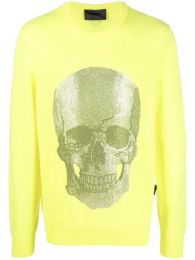 Philipp Plein Skull Logo Knitted Sweater In Yellow
