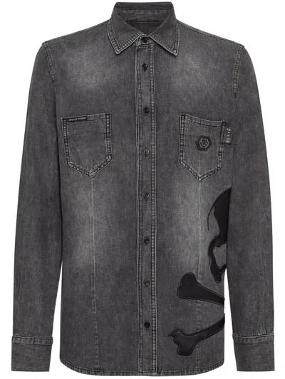 Philipp Plein Skull Patch Cotton Shirt In Grey