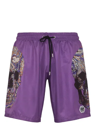 Philipp Plein Skull-print Drawstring Swim Shorts In Purple