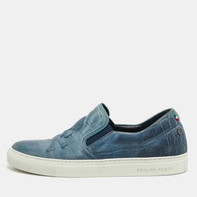 Pre-owned Philipp Plein Skull Size 41 Blue Croc Embossed Leather Slip On Sneakers