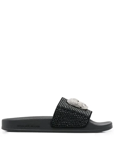 Philipp Plein Skull Strass Pool Slides In Schwarz