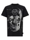 Philipp Plein Crew Neck Black T-shirt With Crystal Skull Design And Logo Patch