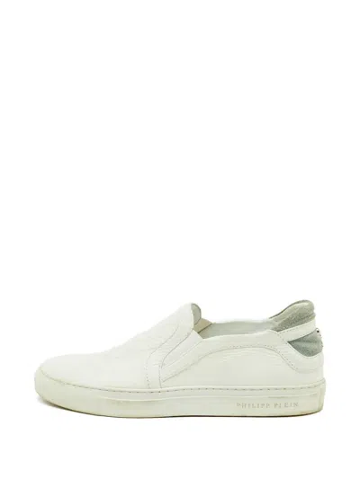 Pre-owned Philipp Plein Skull-embossed Slip-on Sneakers In White