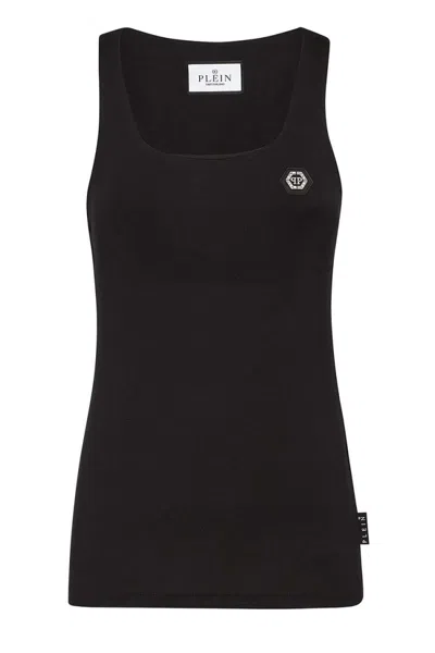 Philipp Plein Sleeveless Square Neck Fitted Tops In Black