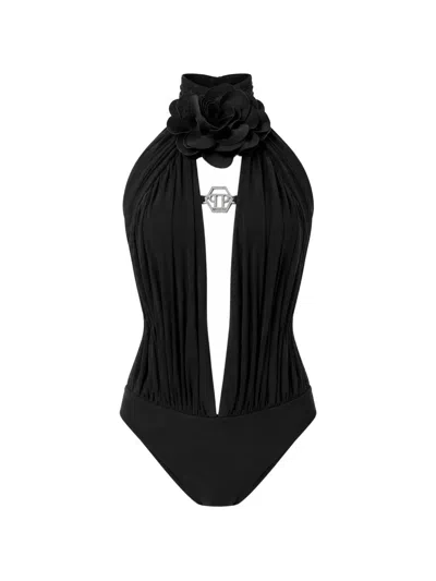 Philipp Plein Sleeveless Bodysuit Flower In Black