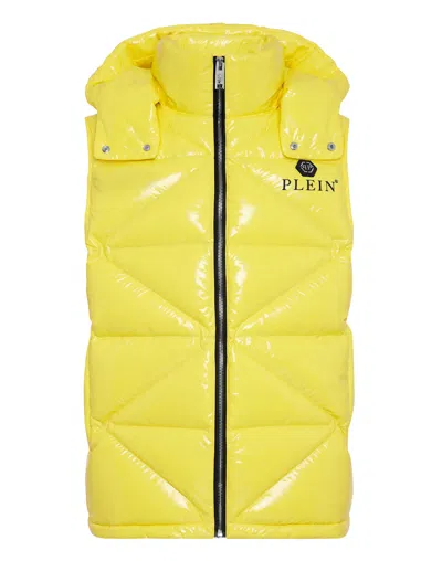 Philipp Plein Sleeveless Quilted Down Jacket Hexagon In Yellow