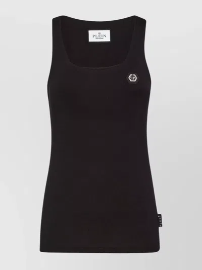 Philipp Plein Sleeveless Square Neck Fitted Tops In Black