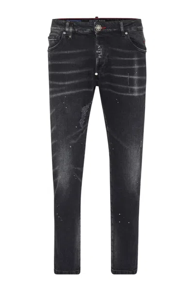 Philipp Plein Slim Fit Distressed Black Denim Jeans With Five-pocket Design