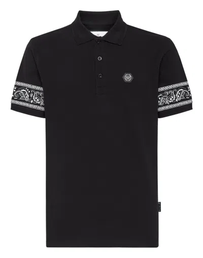 Philipp Plein Slim Fit Piquet Polo Shirt Ss Paisley Bandana In Black