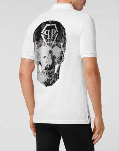 Philipp Plein Slim Fit Polo Shirt Ss Skull With Crystals In White