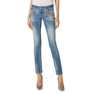 Philipp Plein Slim Fit Rhinestone Fringe Denim Jeans In Blue
