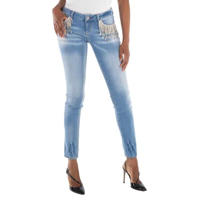 Philipp Plein Slim Fit Rhinestone Fringe Denim Jeans In Blue