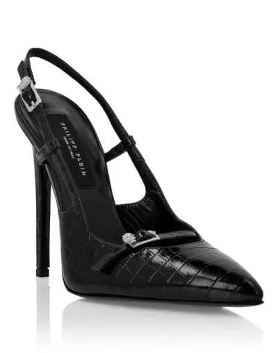 Philipp Plein Slingback High Heels Crocco Print Buckle Skull Women In Black