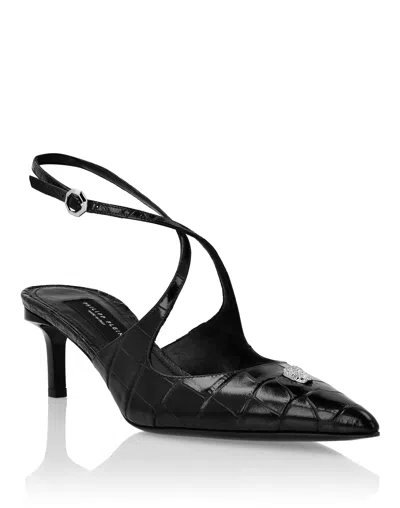 Philipp Plein Slingbacks Crossing Crocco Print In Black