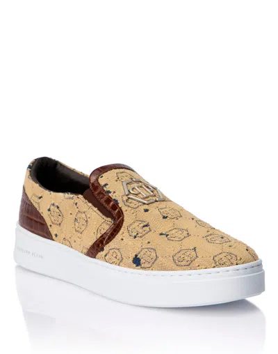Philipp Plein Slip On Sneakers Denim Jacquard Monogram In Brown