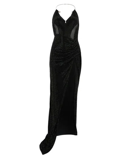 Philipp Plein Multicutting Maxi Dress Piercing Strass In Black