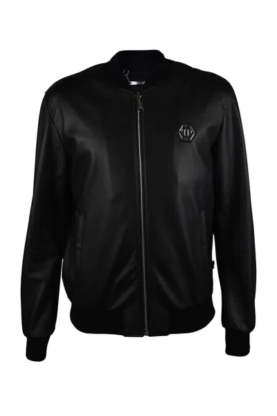 Philipp Plein Smooth Black Leather Bomber Jacket