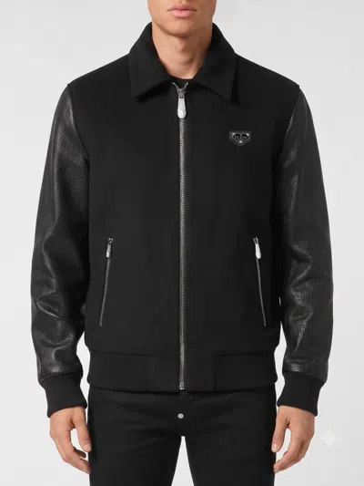 Philipp Plein Smooth Lambskin Leather Bomber Jacket With Classic Collar In Black