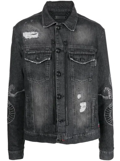 Philipp Plein Jeansjacke Mit Schlange In Grey