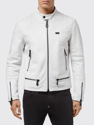 Philipp Plein Snake Leather Biker Jacket In White