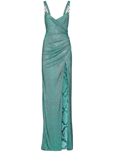 Philipp Plein Snake-print Rhinestone-embellished Maxi Dress In Green