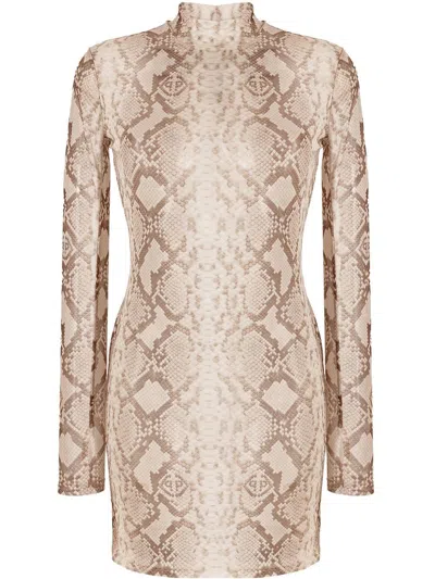 Philipp Plein Snakeskin-print Mock Neck Dress In Neutrals